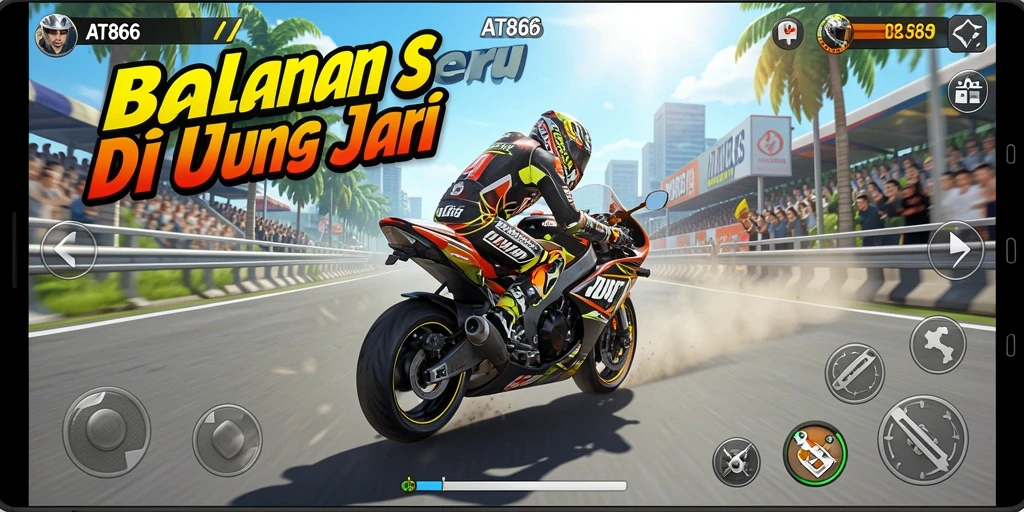 Screenshot gameplay AT866 menampilkan balapan motor yang intens dan menyerukan.