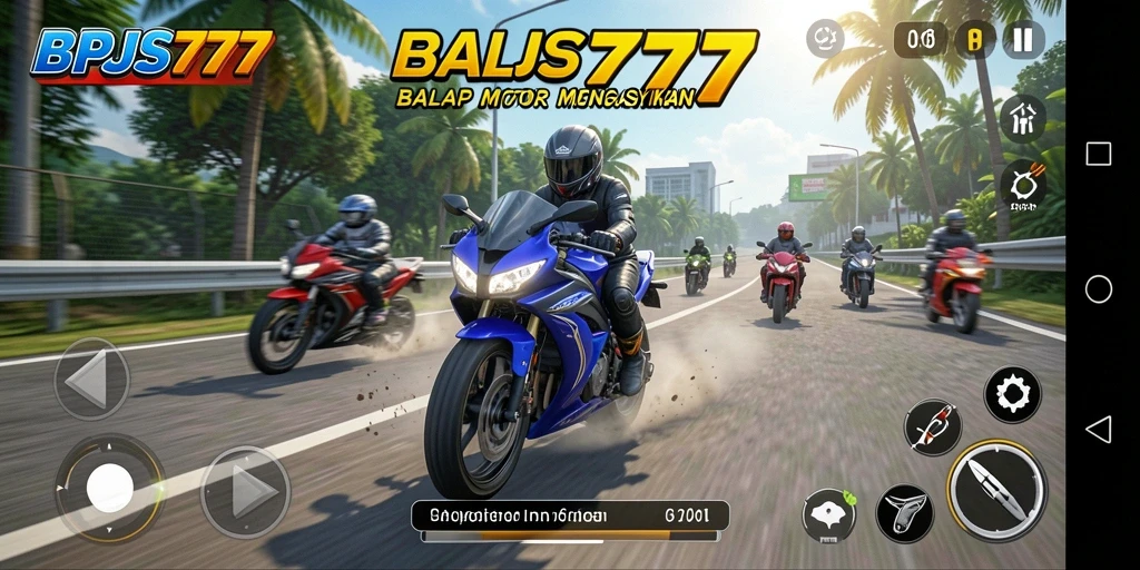 Tampilan gameplay BPJS777 dengan balapan motor yang mendebarkan.