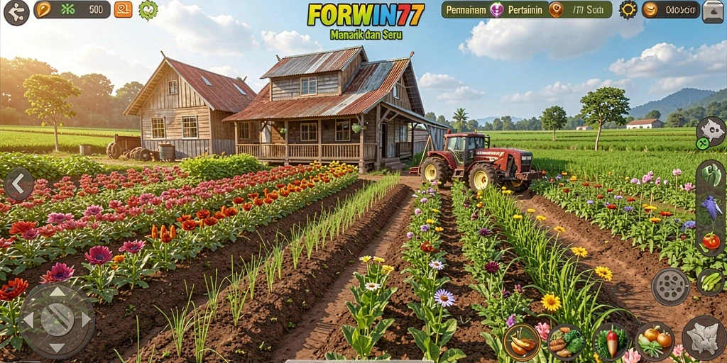 Menampilkan gameplay seru dari FORWIN77 dengan aktivitas pertanian yang beragam.