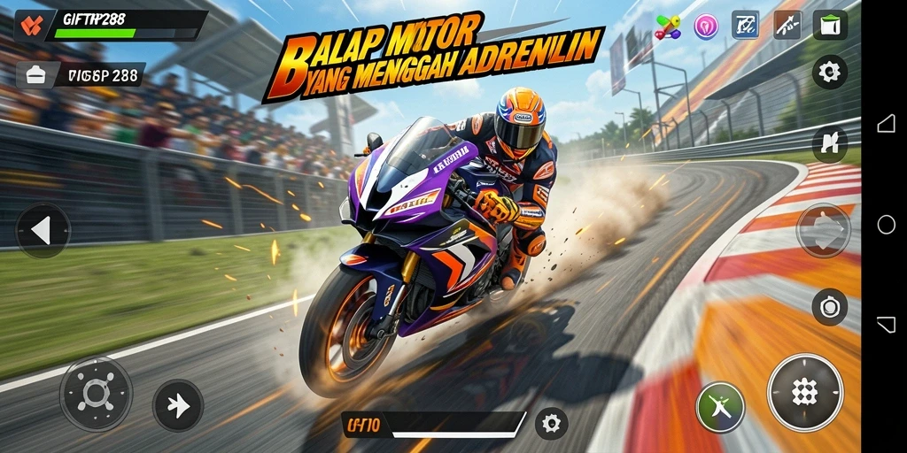 Tampilan dinamis dari gameplay balapan motor yang mendebarkan.