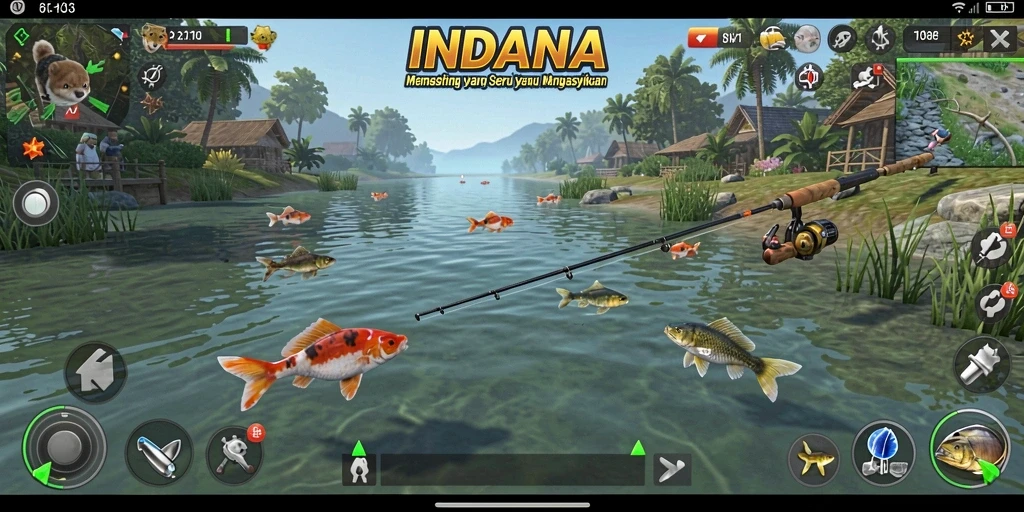 Tampilan gameplay INDAAA dengan suasana memancing yang memukau.