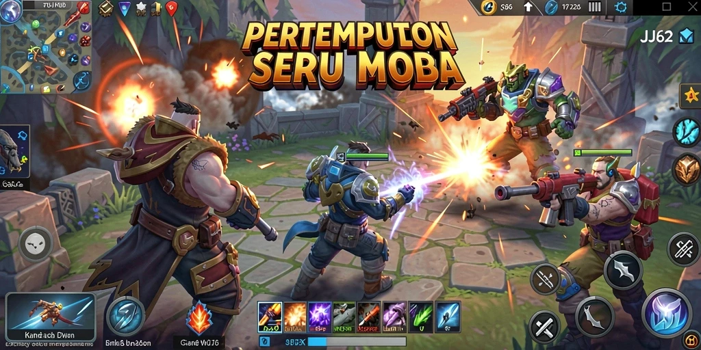Screenshot gameplay JJ62 menampilkan pertempuran MOBA mendebarkan.