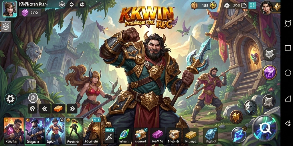 Tangkapan layar KKWIN menunjukkan pertarungan seru di dunia RPG yang penuh warna.