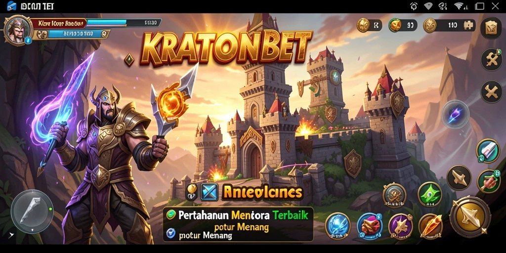 Tampilan gameplay KRATONBET dengan menara pertahanan yang megah.