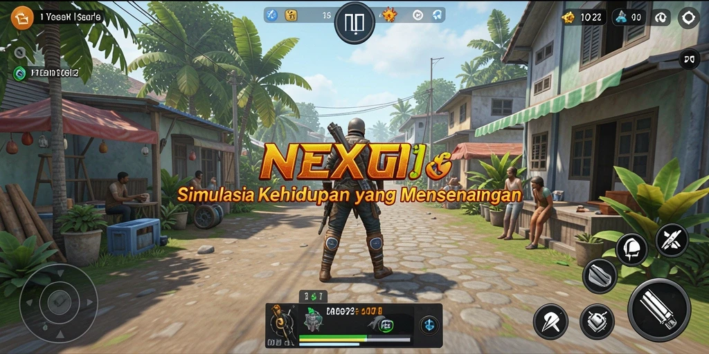 Screenshot utama NEXGID menunjukkan interaksi karakter dalam gameplay Simulation.