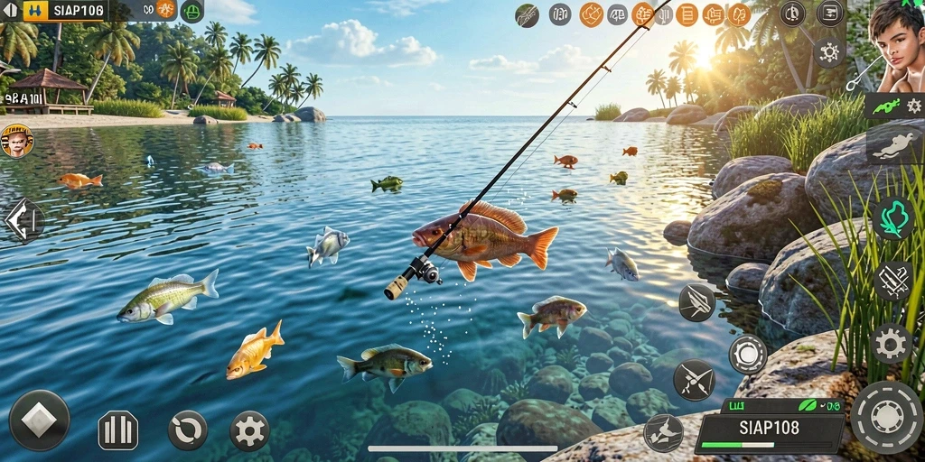 Gameplay menampilkan pengalaman memancing yang seru dan interaktif.