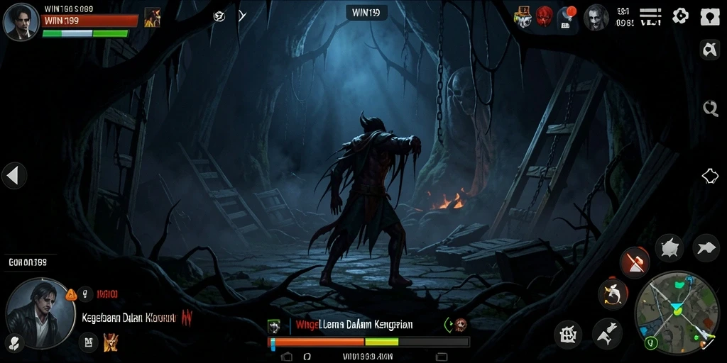 Tampilan gameplay WIN199 yang menakutkan dengan suasana gelap.